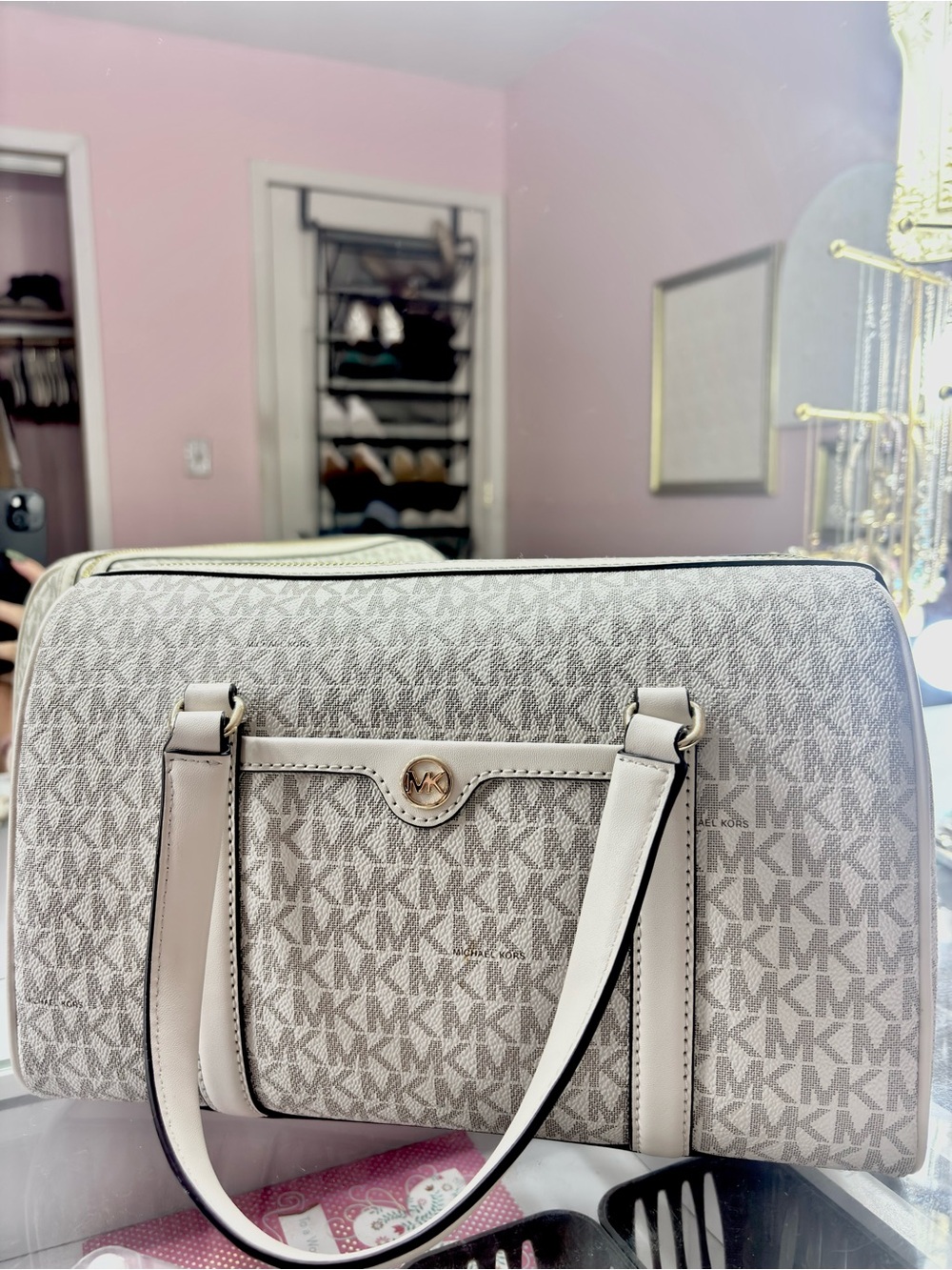 Michael Kors Light Beige Signature MK Satchel with Gold Hardware